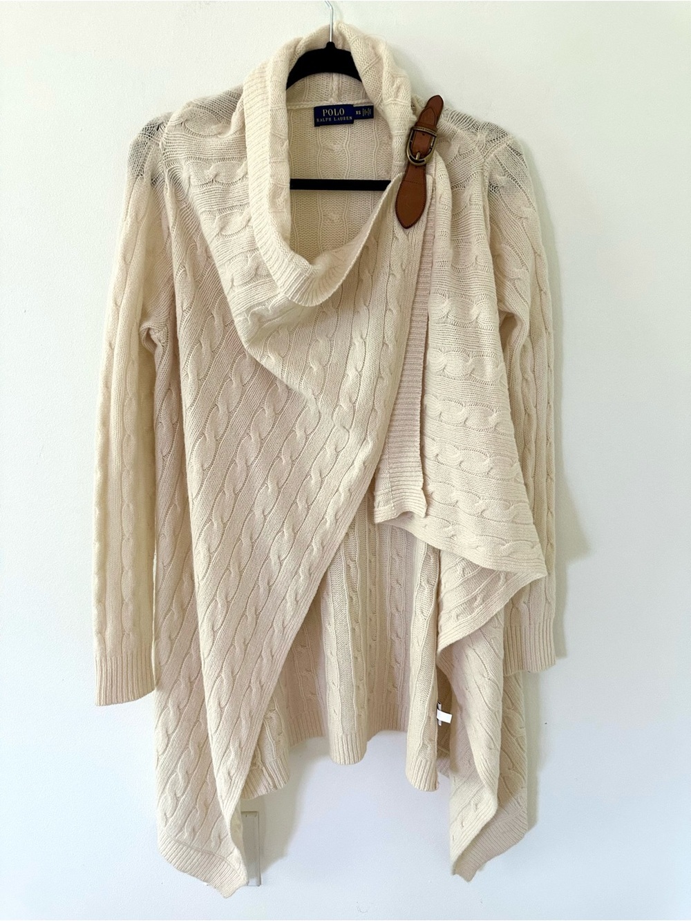 Polo by Ralph Lauren Cream Cable Knit wool cardigan Sweater with Leather Buckle